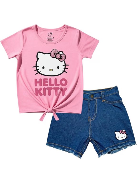Girls' 2-Piece Tie-Front Tee & Denim Shorts Outfit Set, Pink, 5-6