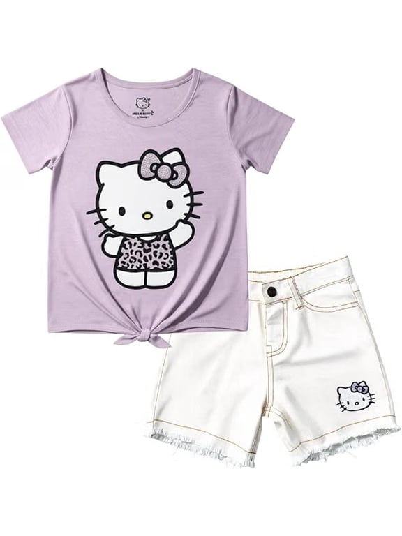 Girls' 2-Piece Tie-Front Tee & Denim Shorts Outfit Set, Purple, 8-10