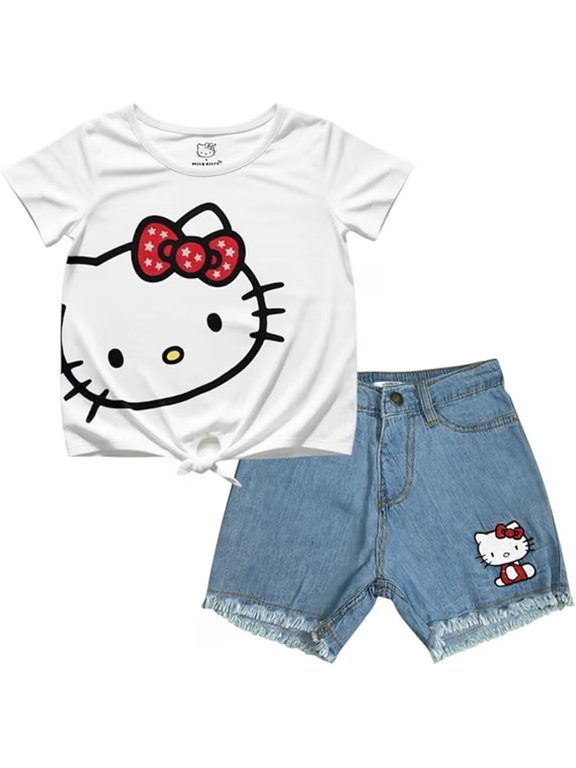 Girls' 2-Piece Tie-Front Tee & Denim Shorts Outfit Set, White, 4