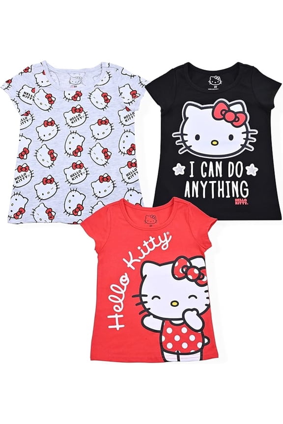 Girls 3 Pack Short Sleeve T-Shirt - Grey/Black/Red (5)