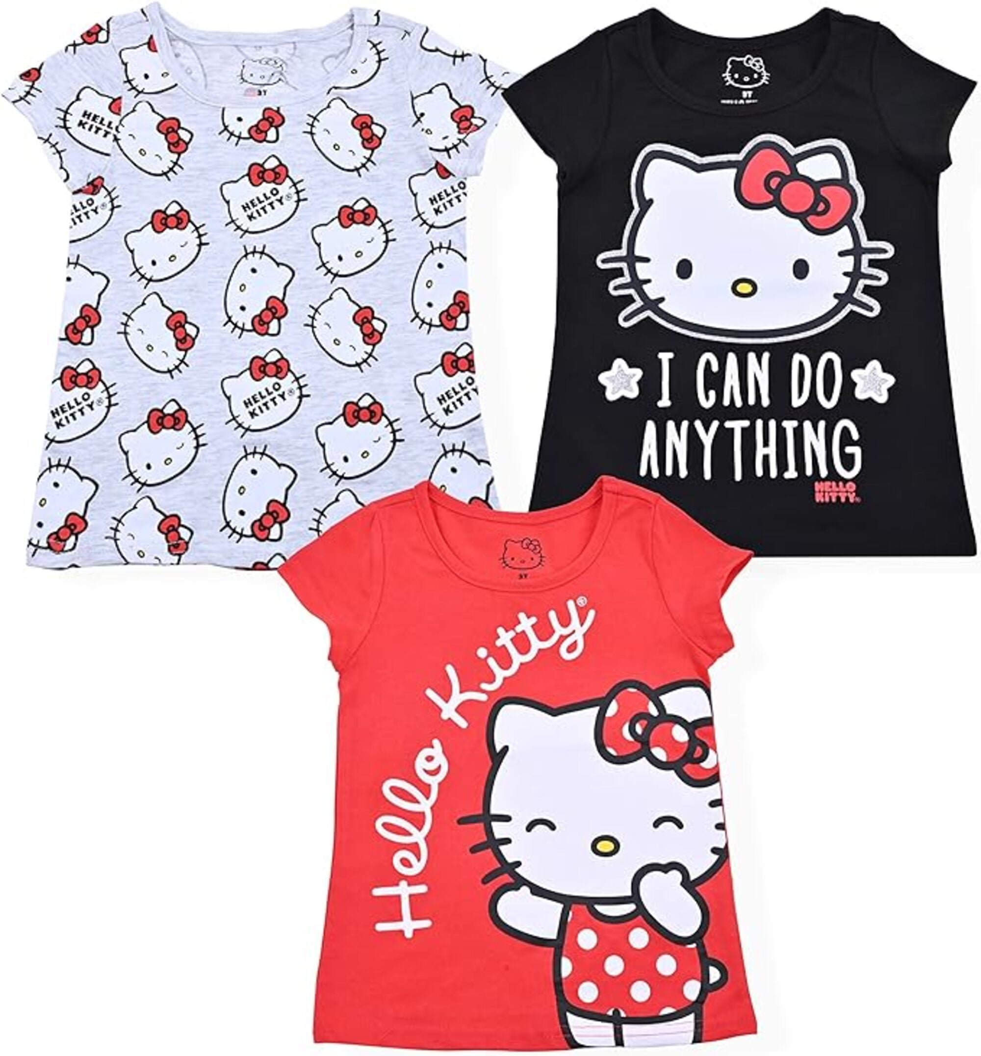 Hello Kitty Girls 3 Pack Short Sleeve T-Shirt - Grey/Black/Red