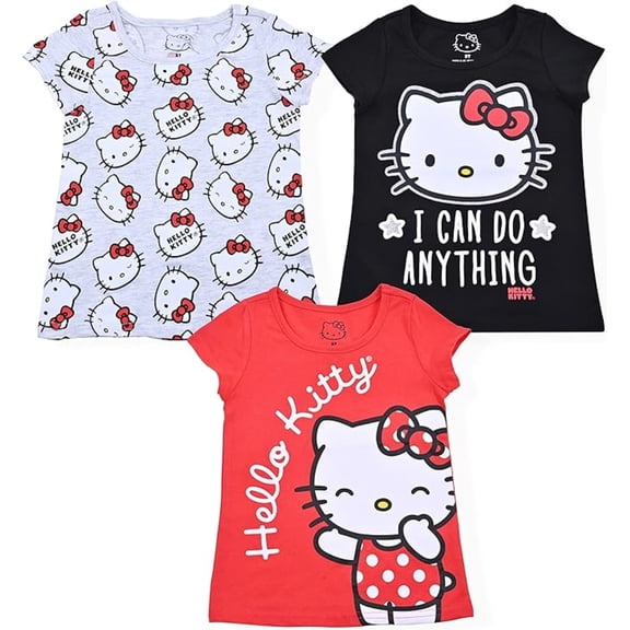 Hello Kitty Girls 3 Pack Short Sleeve T-Shirt - Grey/Black/Red