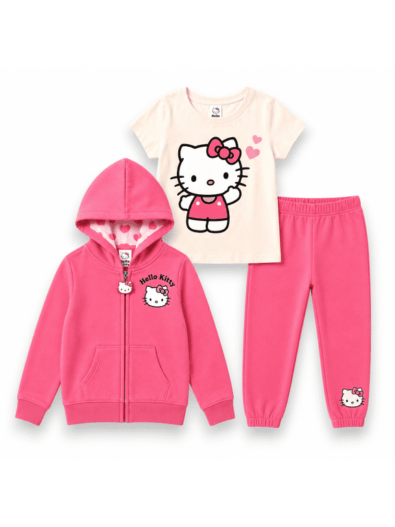 Girls' 3-Piece Hoodie, T-Shirt & Jogger Set, Coral Pink, Size 5/6