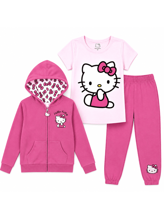 Girls' 3-Piece Hoodie, T-Shirt & Jogger Set, Pink Bubblegum, Size 5/6