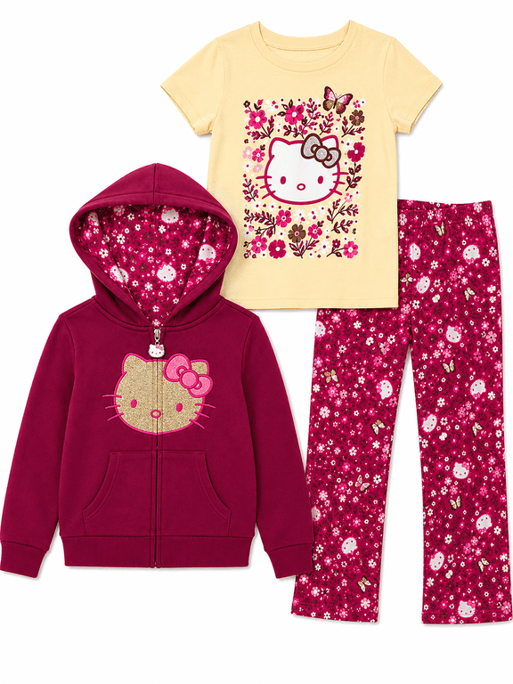 Girls' 3-Piece Hoodie, T-Shirt & Leggings Outfit Set, Burgundy, Size 6X