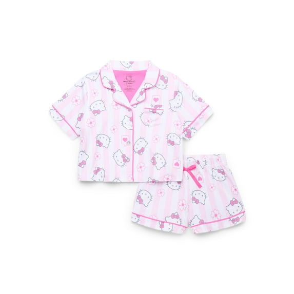 Hello Kitty Girls' Button Front Top and Shorts Pajama Set, 2-Piece, Sizes 4-12