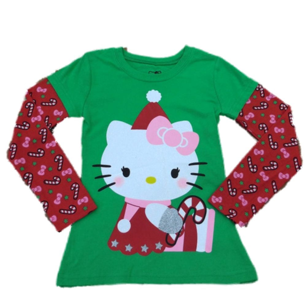 Hello Kitty Girls Green Holiday T-Shirt Candy Cane Christmas Tee Shirt XS (4-5)