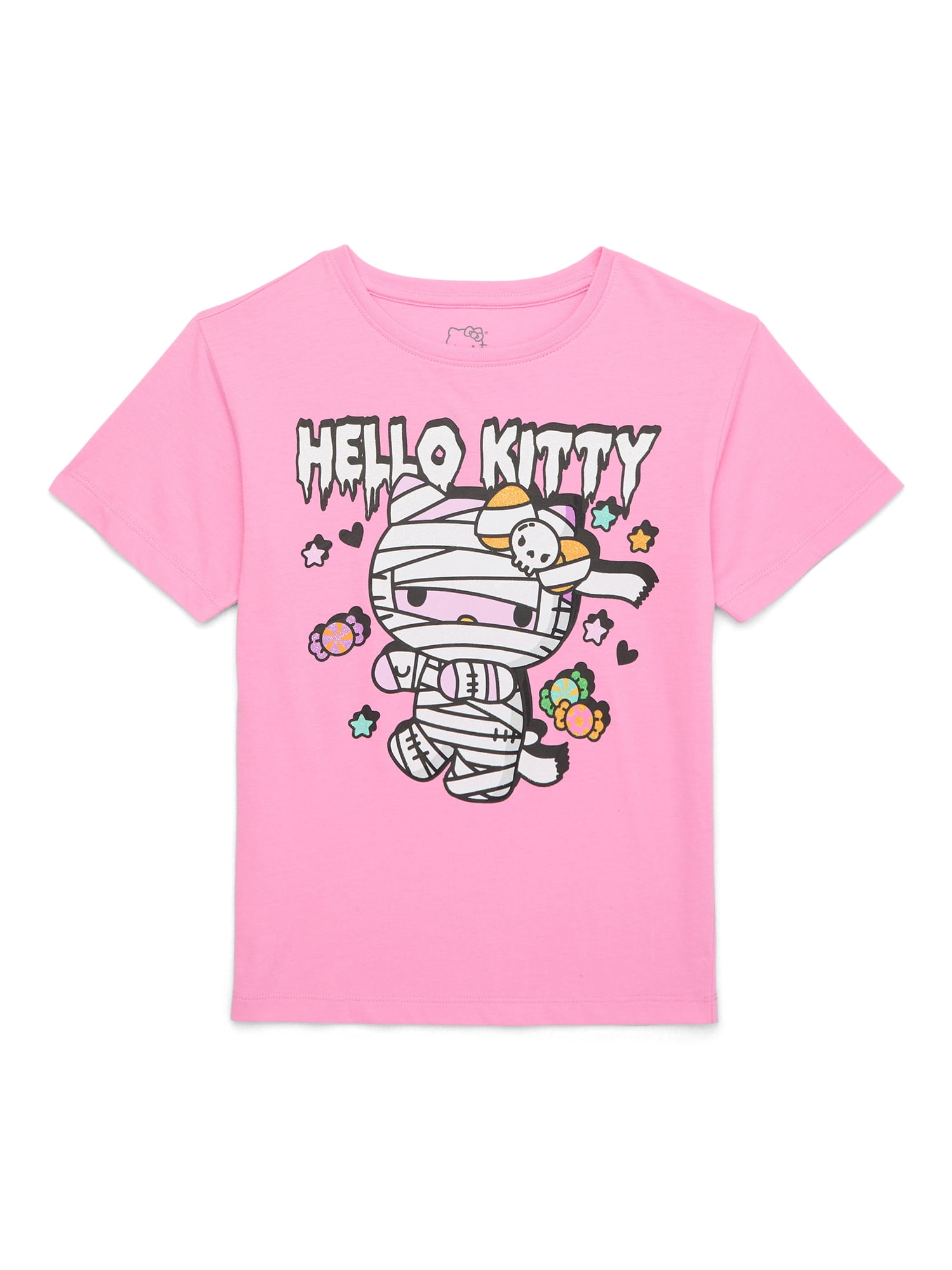 Hello Kitty Girls Halloween Short Sleeve Graphic T-Shirt with Glitter, Sizes 4-16