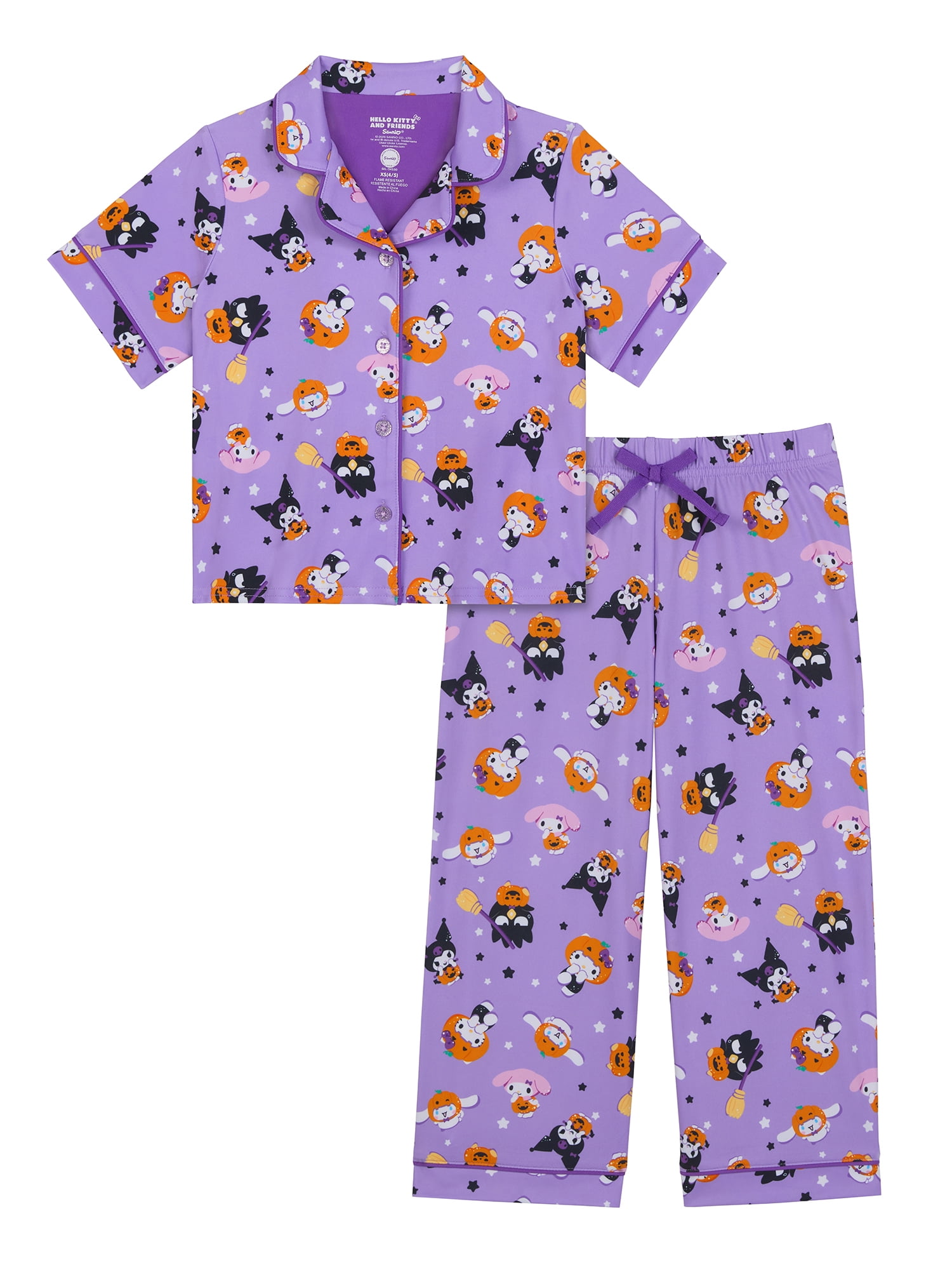 Hello Kitty Girls Halloween Short Sleeve Sleep Notch Collar Top and Pants Pajama Set, 2-Piece, Sizes 4-12