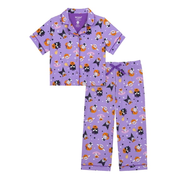 Hello Kitty Girls Halloween Short Sleeve Sleep Notch Collar Top and Pants Pajama Set, 2-Piece, Sizes 4-12