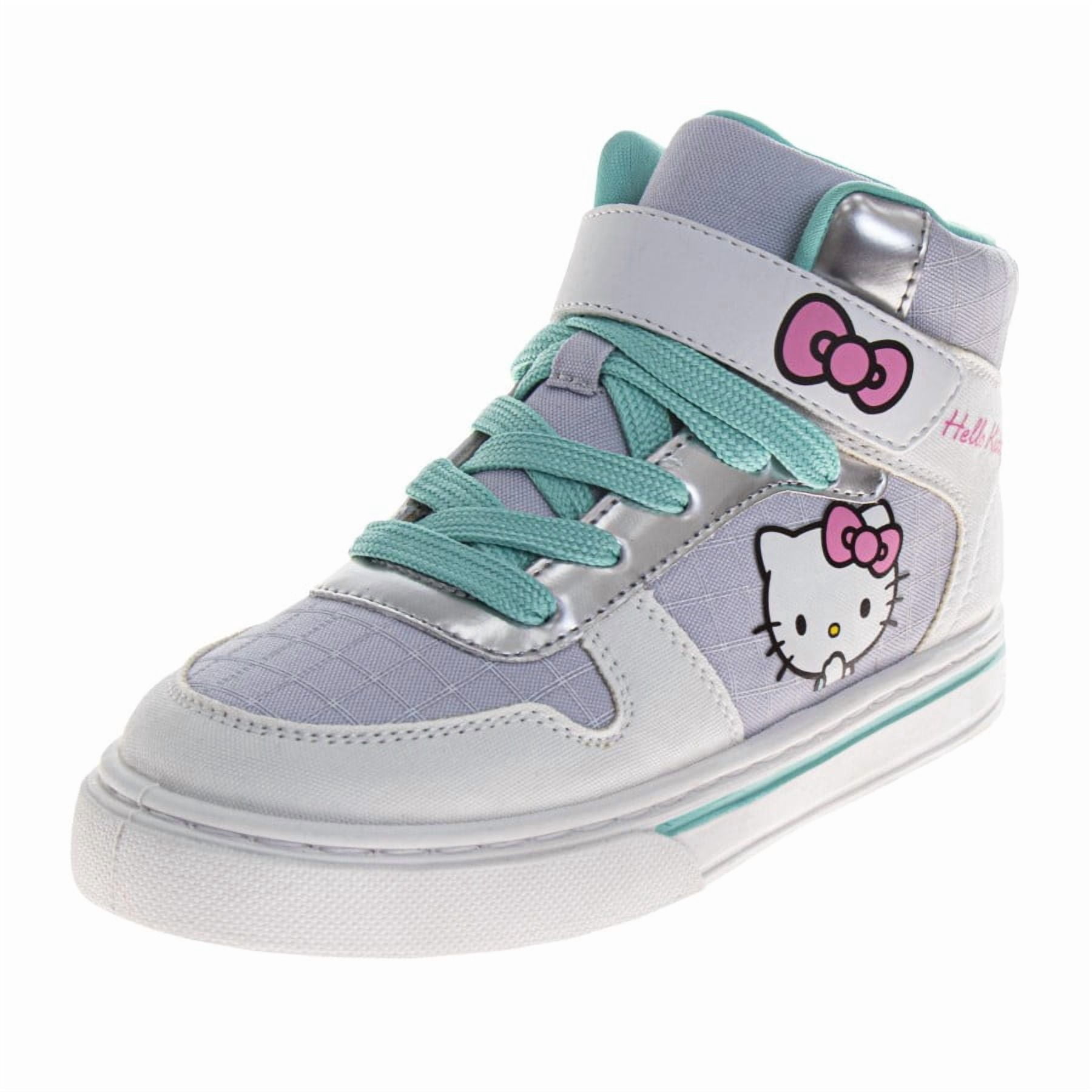 Hello Kitty Girls High Top Sneakers Hook and Loop with Lace Up (Big Kid), White Mint, Size: 4