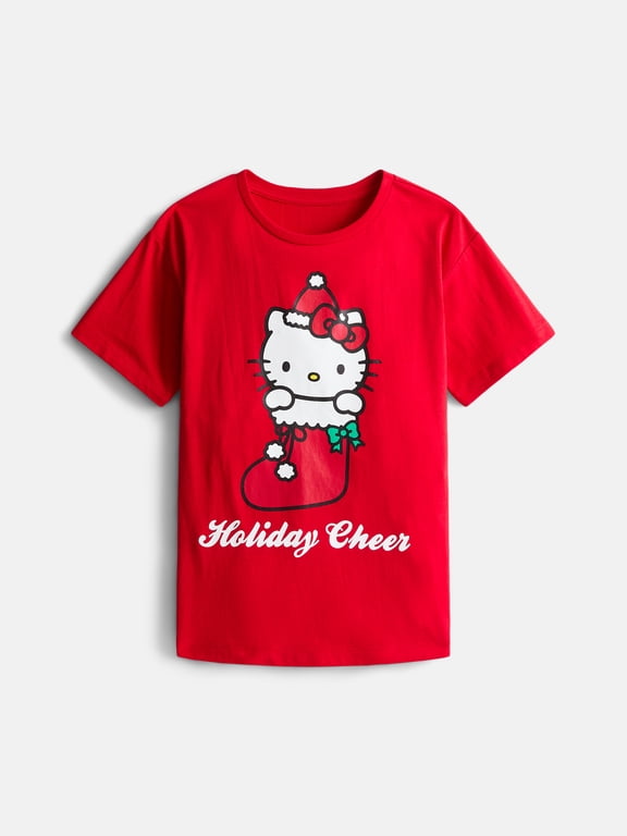 Hello Kitty Girls' Christmas Graphic Tee with Short Sleeves, Sizes 4-16