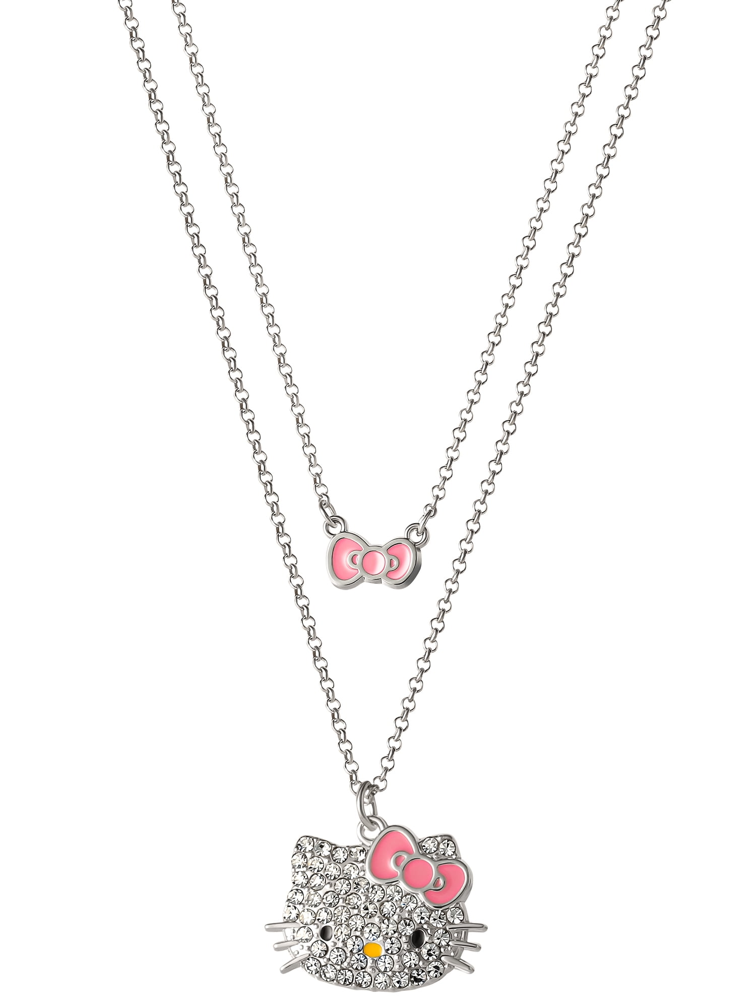 Hello Kitty Girls Layered Clear Crystal Hello Kitty with Bow Pendant 18