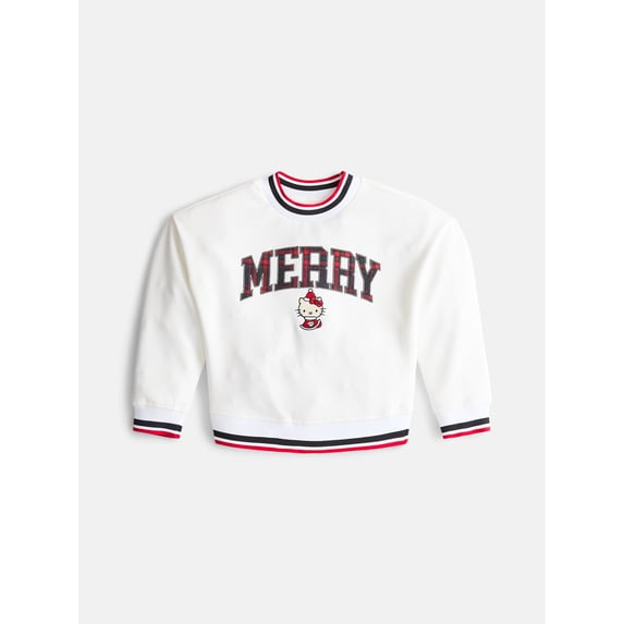 Hello Kitty Girls Long Sleeve Graphic Varsity Crewneck Pullover, Sizes 4-12