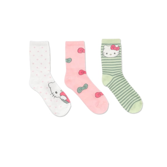 Hello Kitty Girls Mid-Crew Socks, 3-Pack, Sizes S/M-M/L