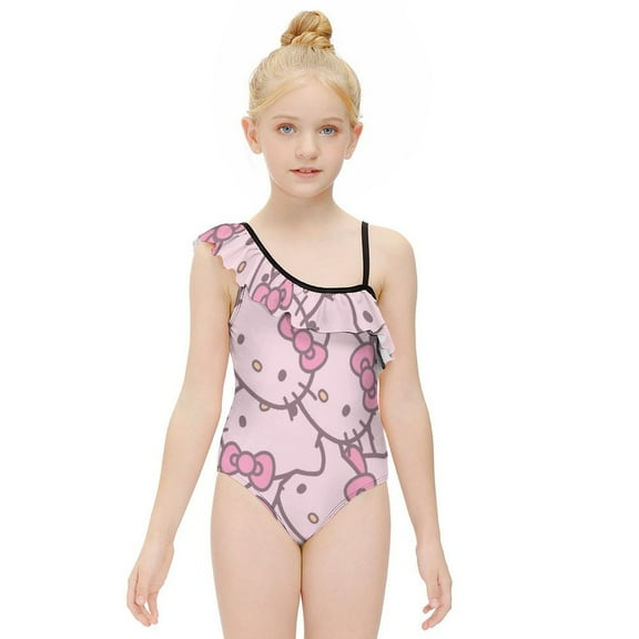 Hello Kitty Girls One Piece Swimsuits Hawaiian Ruffle Swimwear Beach Bathing Suit Outfits