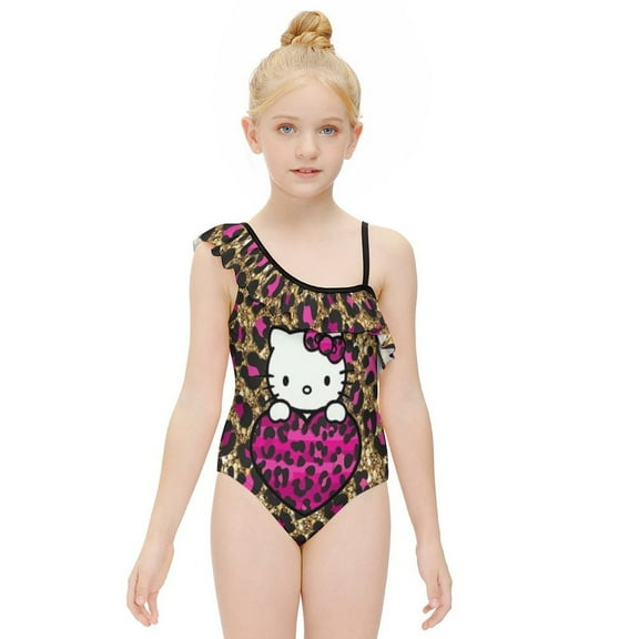 Hello Kitty Girls One Piece Swimsuits Hawaiian Ruffle Swimwear Beach Bathing Suit Outfits