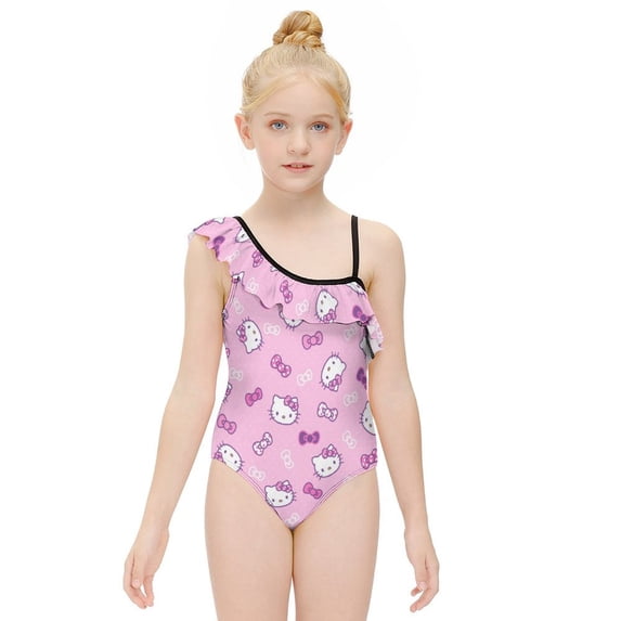 Hello Kitty Girls One Piece Swimsuits Hawaiian Ruffle Swimwear Beach Bathing Suit Outfits