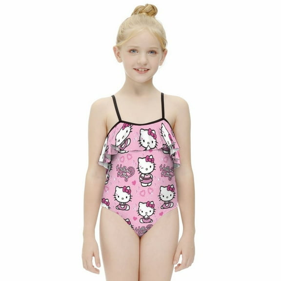Hello Kitty Girls One Piece Swimsuits Hawaiian Ruffle Swimwear Beach Bathing Suit Outfits