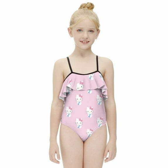 Hello Kitty Girls One Piece Swimsuits Hawaiian Ruffle Swimwear Beach Bathing Suit Outfits