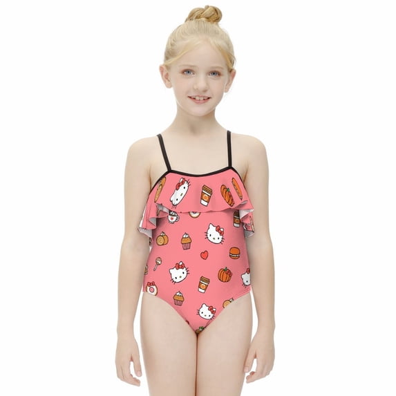 Hello Kitty Girls One Piece Swimsuits Hawaiian Ruffle Swimwear Beach Bathing Suit Outfits