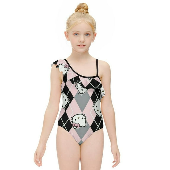 Hello Kitty Girls One Piece Swimsuits Hawaiian Ruffle Swimwear Beach Bathing Suit Outfits