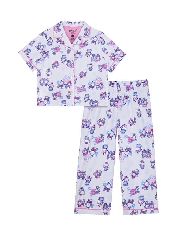 Girls Short Sleeve Botton Front Top and Pants Pajama Set, 2-Piece, Sizes 4-12