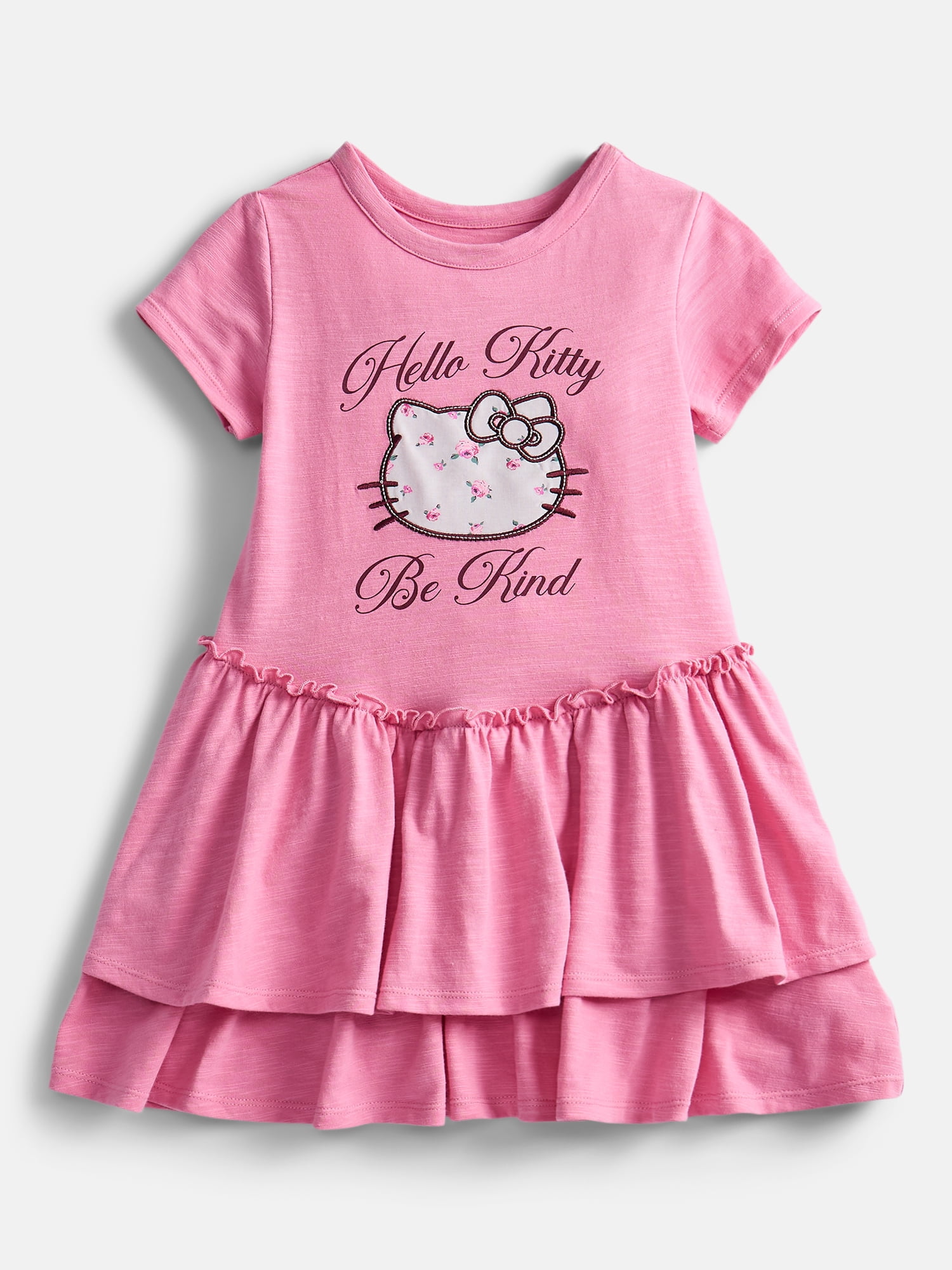 Hello Kitty Girls Tiered Dress with Embroidered Applique and Short Sleeves, Sizes 4-12