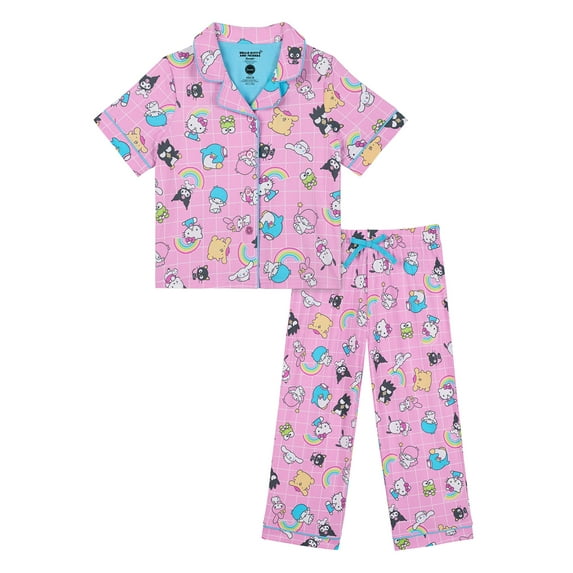 Hello Kitty Girls Short Sleeve Sleep Notch Collar Top and Pants Pajama Set, 2-Piece, Sizes 4-12