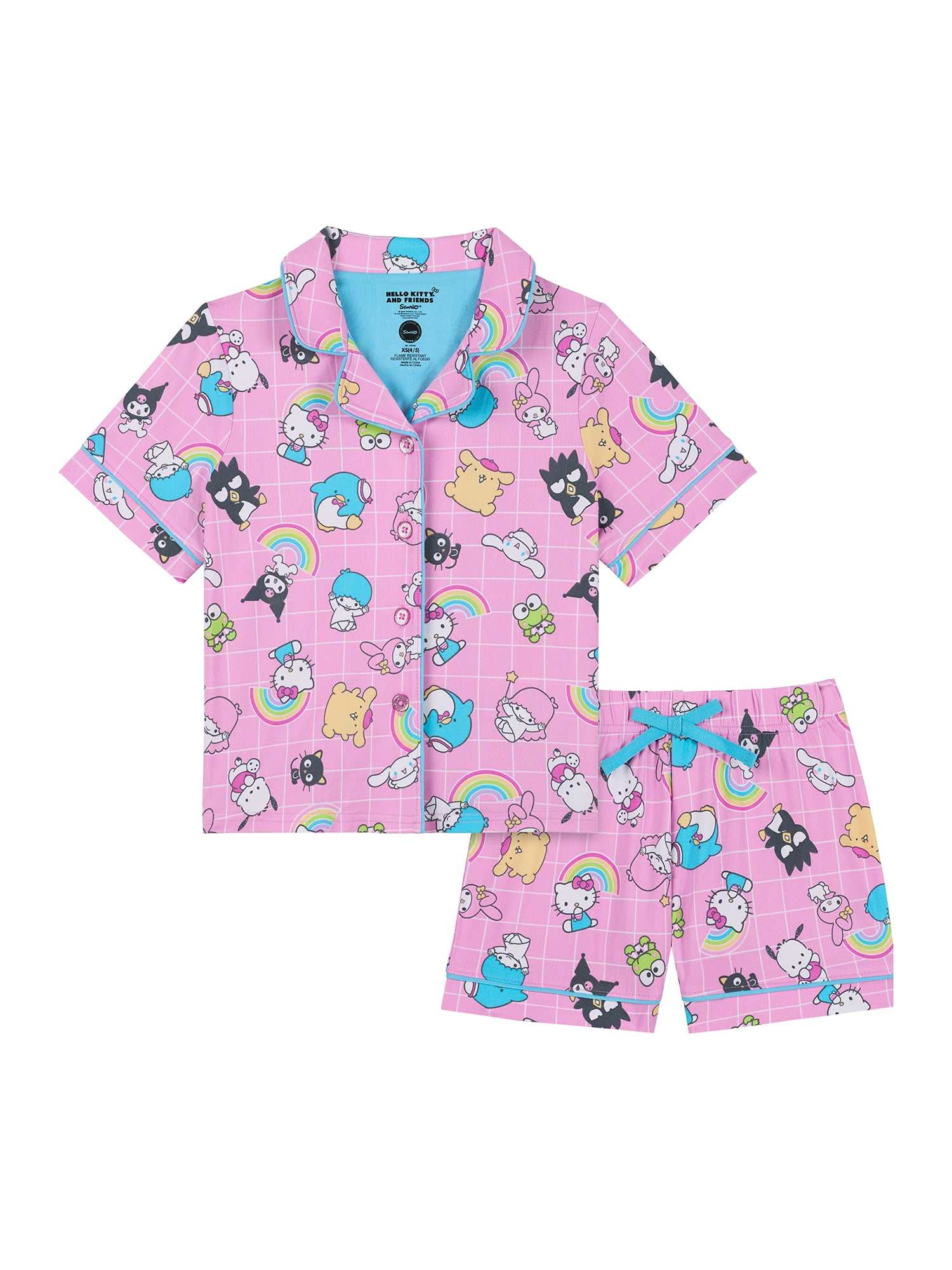 Hello Kitty and Friends Girls Button Front Top and Shorts Pajama Set, 2-Piece, Sizes 4-12