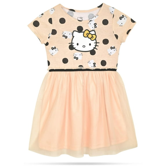 Hello Kitty Girls and Toddlers' Short Sleeve Tutu Dress Casual Tulle Skirt Dresses, Peach 2T