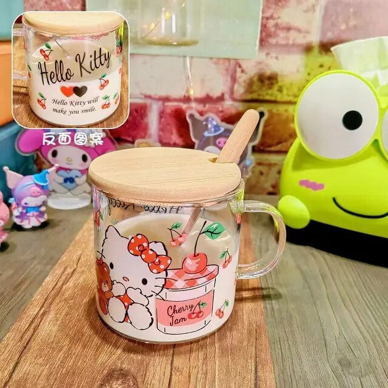 Hello Kitty Glass Cup with Lid and Straw Kawaii Transparent Reusable Coke Cup Juice Glass Beer