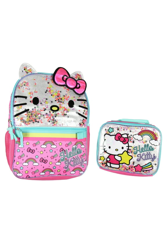 Hello Kitty Glitter 2 Piece School Travel Backpack Set For Girls With Detachable Insulated Lunch Box