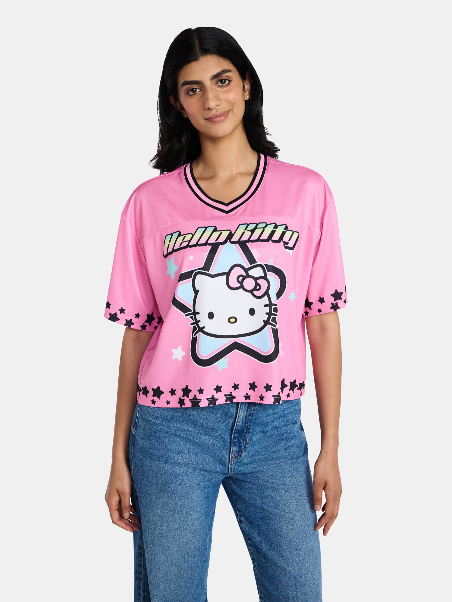 Hello Kitty Women's Plus Cropped Front Back Graphic Football Jersey, Sizes XXS-4X