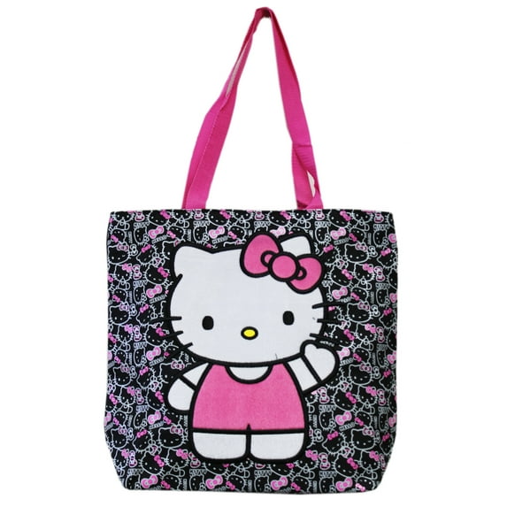 Hello Kitty Gray and Black Figure Patterned Fuzzy Patch Medium Size Tote Bag