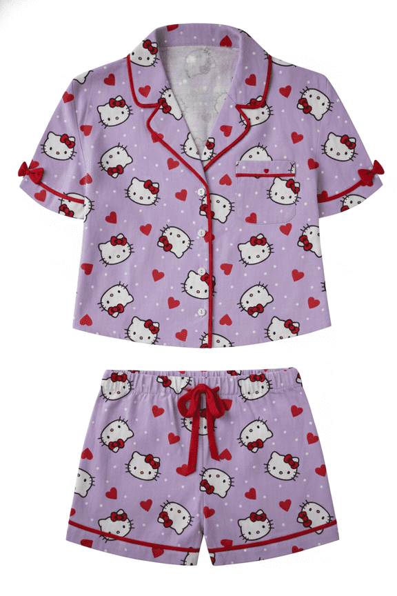 Hello Kitty Head AOP White Polka Dots and Red Hearts Red Bows Shorts Set-Medium