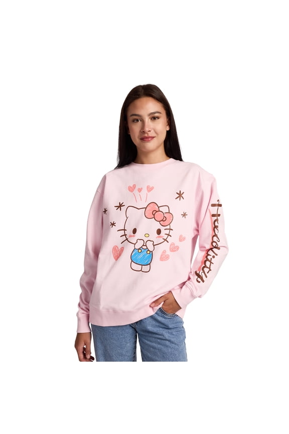 Hello Kitty Hearts & Stars Women's Cradle Pink Crew Neck Long Sleeve Fleece Sweatshirt -Large