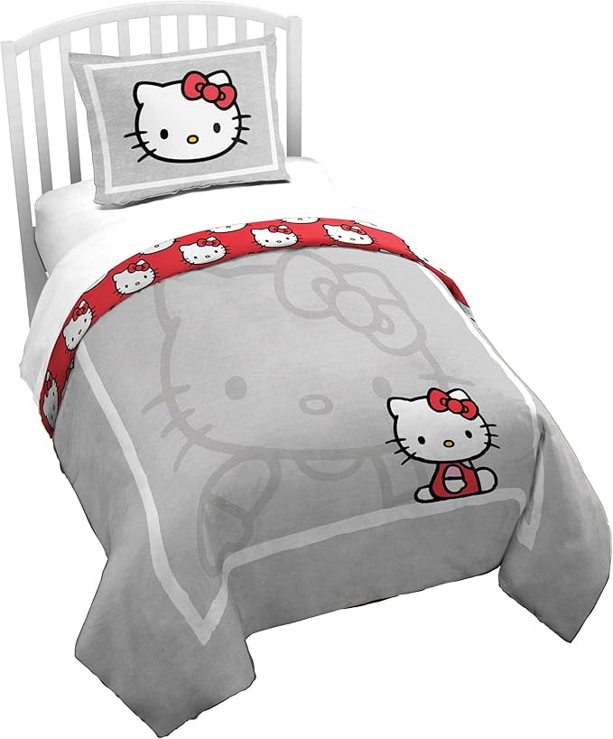 Hello Kitty Heathered Grey 2 Piece Twin Size Duvet Cover & Sham Set