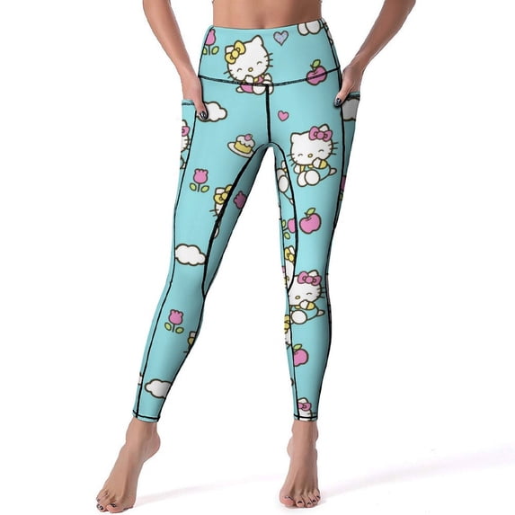 Hello Kitty High Waisted Leggings for Women, Yoga Pants with Pockets, Soft Athletic Tummy Control Pants for Running Yoga Workout
