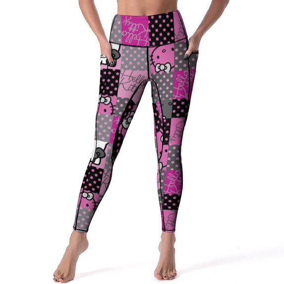 Hello Kitty High Waisted Leggings for Women, Yoga Pants with Pockets, Soft Athletic Tummy Control Pants for Running Yoga Workout
