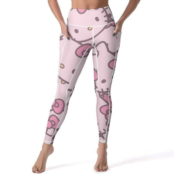 Hello Kitty High Waisted Leggings for Women, Yoga Pants with Pockets, Soft Athletic Tummy Control Pants for Running Yoga Workout