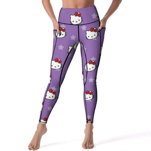 Hello Kitty High Waisted Leggings for Women, Yoga Pants with Pockets, Soft Athletic Tummy Control Pants for Running Yoga Workout