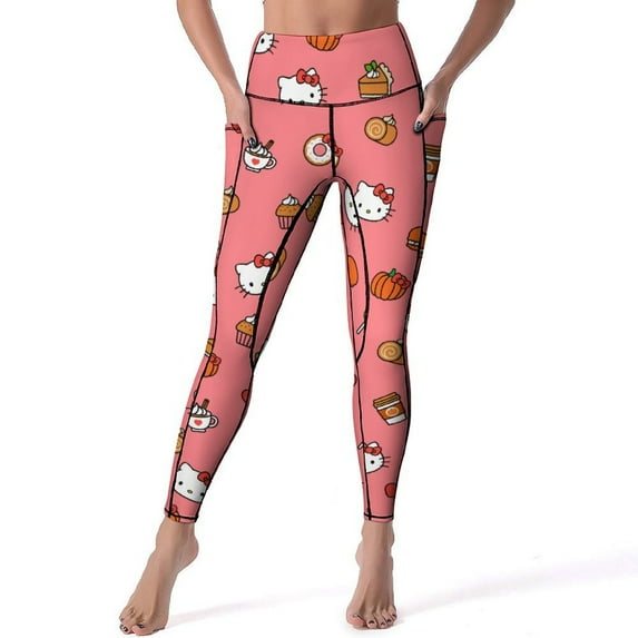 Hello Kitty High Waisted Leggings for Women, Yoga Pants with Pockets, Soft Athletic Tummy Control Pants for Running Yoga Workout