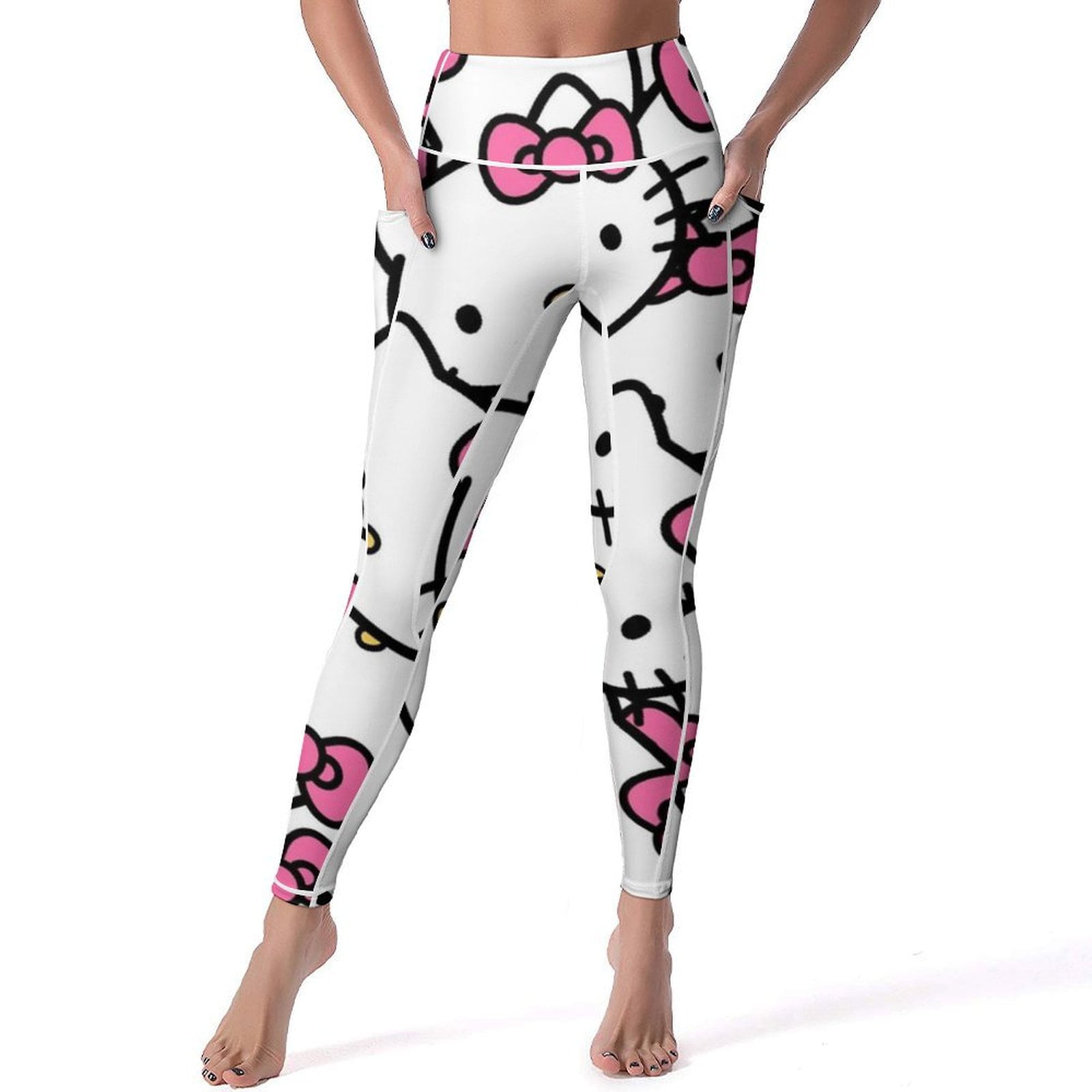 Hello Kitty High Waisted Leggings for Women Yoga Pants with Pockets Soft Athletic Tummy Control Pants for Running Yoga Workout