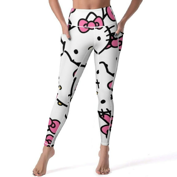 Hello Kitty High Waisted Leggings for Women, Yoga Pants with Pockets, Soft Athletic Tummy Control Pants for Running Yoga Workout