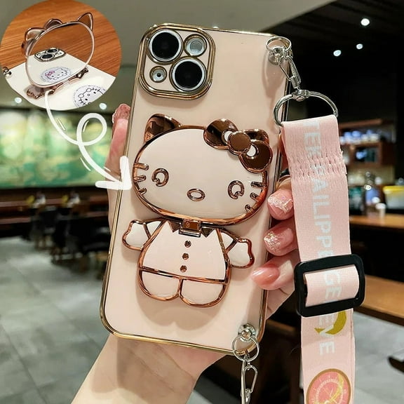Hello Kitty Holder Bracelet Strap Lanyard Plating Phone Case For iPhone 15 14 13 12 11 Pro Max Mini XR XS X 8 7 6S Plus SE 2020