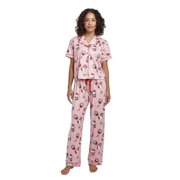 Hello Kitty Holiday All-Over Print Women's Button-Down Shirt And Pants Traditional 2-Piece Pajama Set-Small