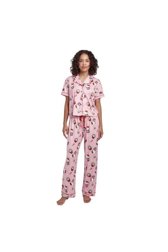 Hello Kitty Holiday All-Over Print Women's Button-Down Shirt And Pants Traditional 2-Piece Pajama Set-XXL