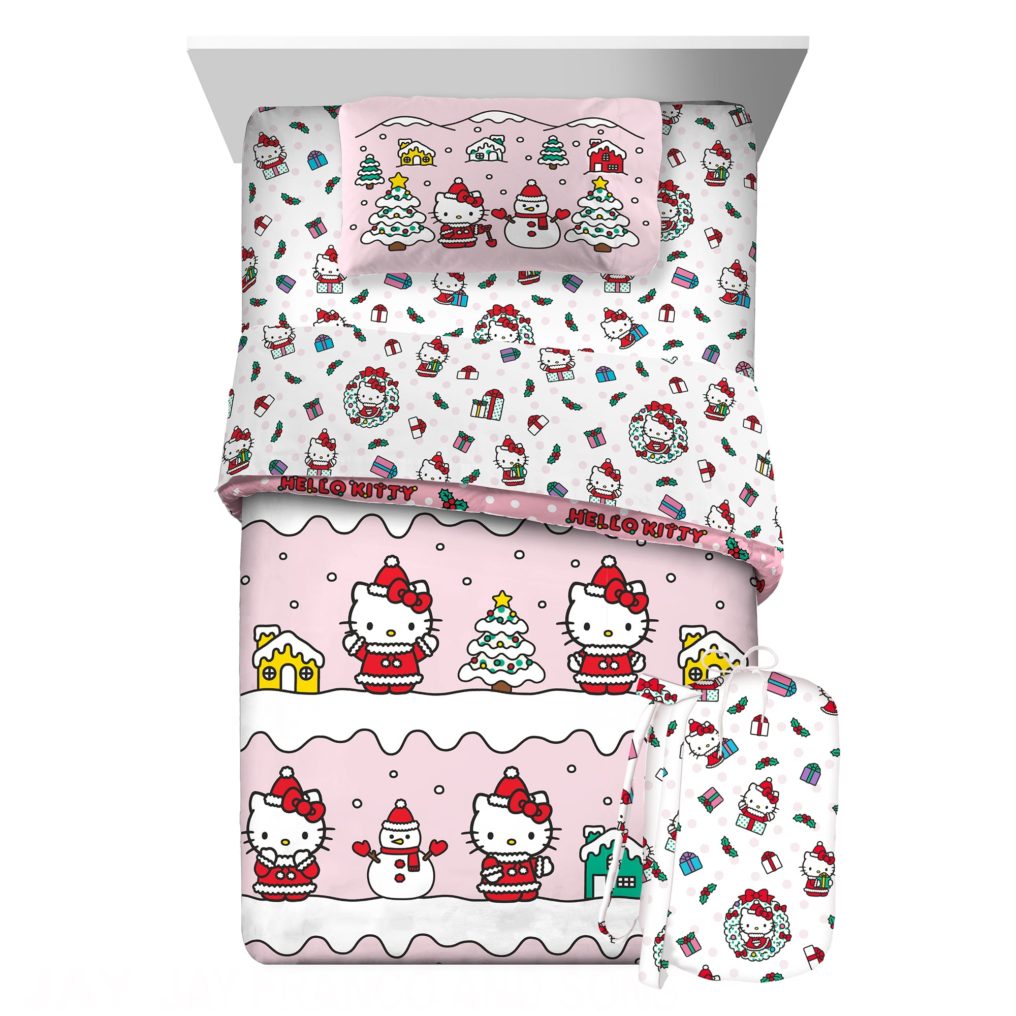 Hello Kitty Holiday Kids 6 Piece Reversible Comforter, Bed in a Bag, King