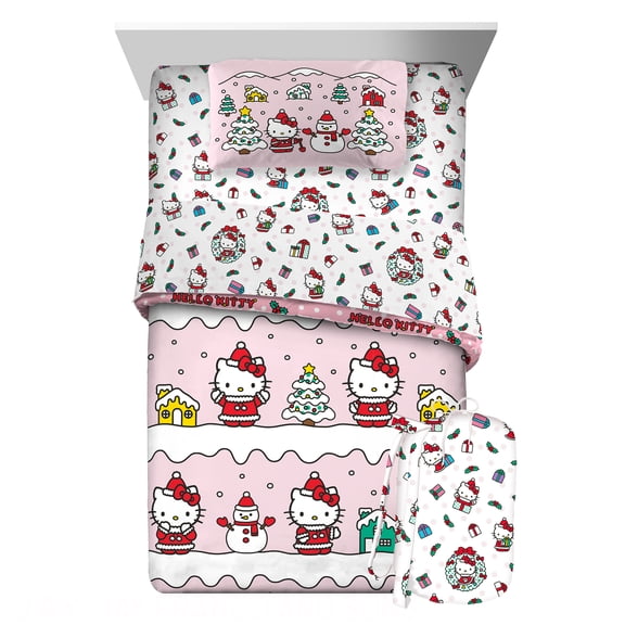 Hello Kitty Holiday Kids 6 Piece Reversible Comforter, Bed in a Bag, King